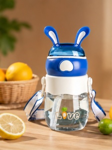 Cana cu pai pentru copii, Plastic, Model cu Urechi si Bareta, Plastic, Bleu, 350 ml - Img 3