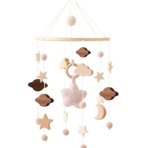 Carusel Patut Bebelusi, Lemn si Bumbac, Crosetate, Mobil, Multicolor, Steluta Roz