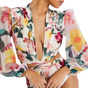 Costum de Baie, Intreg, Decupat, cu Maneca, Elegant Bouquet - Img 2