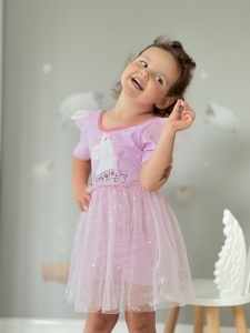 Costum de Baie Intreg pentru Copii, Model Salopeta cu Fustita din Tull, Purple Unicorn, 49 cm - Img 2