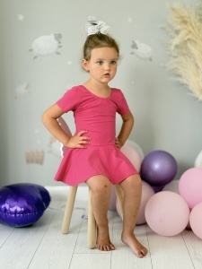 Costum pentru Dans/Gimnastica, Body cu Fustita, Inchidere prin Capse, Maneca Scurta, Fucsia - Img 5