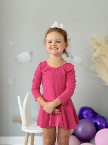 Costum pentru Dans/Gimnastica, Body cu Fustita, Maneca Lunga, Bumbac, Fucsia - Img 3