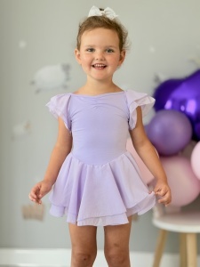 Costum pentru Dans/Gimnastica, Body cu fustita, Maneca Scurta Bufanta, Bumbac si Organza, Mov