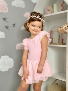 Costum pentru Dans/Gimnastica, Body cu Fustita si Capse, Maneca Scurta Bufanta, Bumbac si Organza, Roz