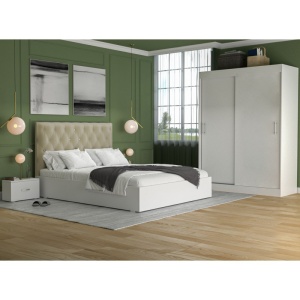 Dormitor Harmonia Bej, Dressing 150 cm, Pat, Doua Noptiere, 160x200 cm