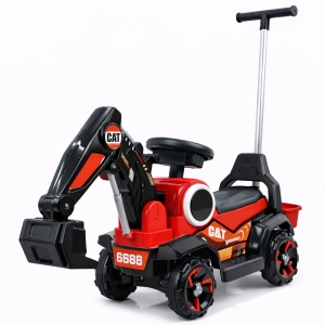 Excavator pentru Copii cu Braț Funcțional, Lumini și Muzică, Mâner Parental, Rosu, Roți Antiderapante, 2-7 Ani