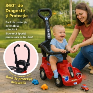 Mașinuță Copii 3 în 1 Ride On, Roșu, cu Mâner Părinte, Bară de Protecție 360°, Volan Interactiv - Img 6