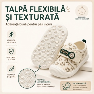 Pantofi Bebeluși pentru Primii Pași, Închidere cu Scai, Branț Moale, Model Smiley Baby, Crem cu Verde - Img 5