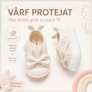 Pantofi Bebeluși pentru Primii Pași, Închidere cu Scai, Branț Moale, Model Fundiță și Urechi de Iepuraș, Roz Pal - Img 3