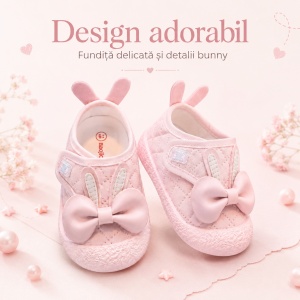 Pantofi Bebeluși pentru Primii Pași, Închidere cu Scai, Branț Moale, Model Fundiță și Urechi de Iepuraș, Roz - Img 7