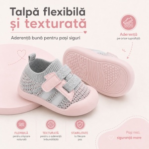 Pantofi Copii pentru Primii Pași, cu Scai, Bandă Elastică, Branț Moale, Talpă Antiderapantă, Gri cu Roz Pal - Img 4