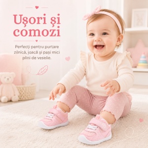 Pantofi Copii Stil Adidași, cu Elastic și Scai, Branț Moale, Talpă din Cauciuc, Roz Pal - Img 7
