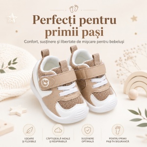 Pantofi Copii Stil Adidași, cu Elastic și Scai, Branț Moale, Talpă din Cauciuc, Alb cu Bej - Img 7