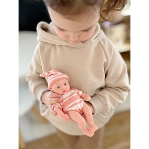Papusa Mini Bebelus, Fetita, Corp Moale si Mobil, Rose cu Dungi Albe, 20 cm