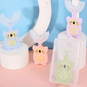 Periuta de dinti pentru Copii, Manuala, Silicon si Plastic, 10 cm, Koala Roz, 2 ani+ - Img 2