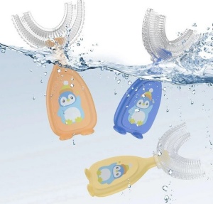 Periuta de dinti pentru Copii, Manuala, Silicon si Plastic, 10 cm, Pinguin Albastru, 2 ani+ - Img 5