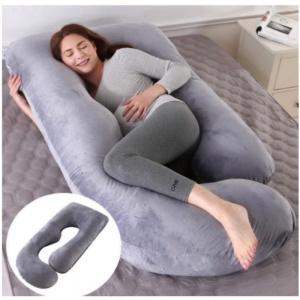 Perna Gravide Multifunctionala, Forma J, Relaxare si Alaptare, Catifea, Interior Fibre de Poliester, Gri