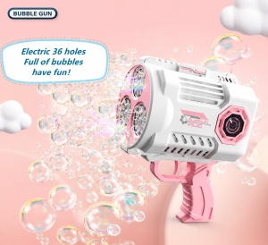Pistol pentru Baloane de Săpun Bubble Blaster Pro Roz-Alb cu Acumulator Reîncărcabil, Încărcare USB, 3 Orificii, Lumini LED - Img 2