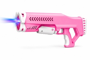 Pistol pentru Baloane de Săpun Model Blizzard Roz-Alb, cu Lumini LED, Funcționare pe Baterii, Generator Automat de Bule