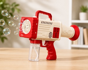 Pistol pentru Baloane de Săpun Model Bubble Rocket Roșu-Alb, cu Lumini LED, Funcționare pe Baterii - Img 3