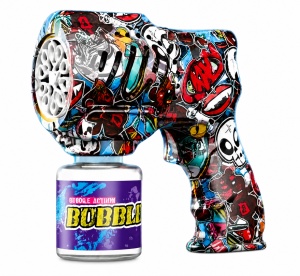 Pistol pentru Baloane de Săpun Model Graffiti Negru, cu Lumini LED, Funcționare pe Baterii