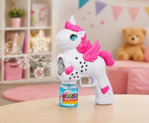 Pistol pentru Baloane de Săpun Unicorn Alb-Roz, Lumini LED, Funcționare pe Baterii - Img 3