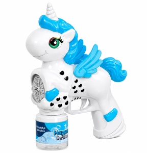 Pistol pentru Baloane de Săpun Unicorn Albastru-Roz, Lumini LED, Funcționare pe Baterii