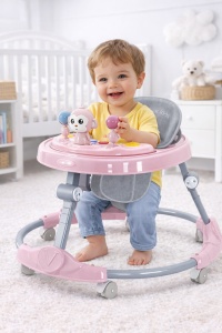 Premergător Bebe Pliabil, 6-18 Luni, Reglabil pe 6 Niveluri, cu Centru de Activități Model Maimuță, Roz/Gri - Img 3