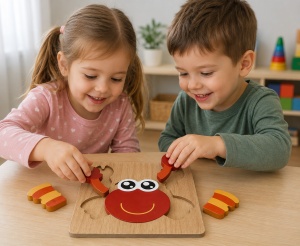 Puzzle din Lemn pentru Copii, Rac, 5 Piese, 15 cmx 15 cm, Multicolor - Img 2