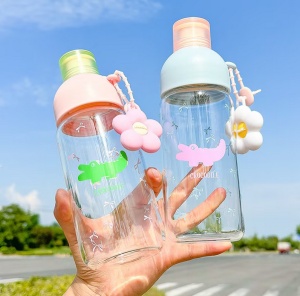 Recipient pentru Apa, Roz, Sticla, Model Crocodile si Floare, 450 ml - Img 3