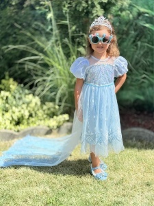 Rochie Fetite Carnaval, Printesa, Tull/Saten, Bleu, Sclipici Albastru, Accesoriu Pelerina - Img 7