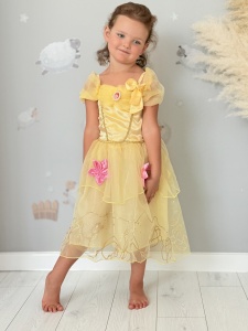 Rochie Fetite Carnaval, Printesa, Tull/Saten, Galben, Sclipici Auriu, Accesoriu Brosa, Funda si Flori