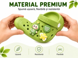 Saboți Copii Tip Crocs cu Personaj 3D, Balon și Stea Decorativa, Baretă Reglabilă, Talpă Antiderapantă, Verde - Img 10