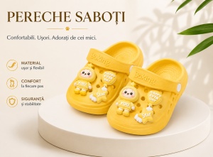 Saboți Copii Tip Crocs cu Personaj 3D, Balon și Stea Decorativa, Baretă Reglabilă, Talpă Antiderapantă, Galben - Img 5