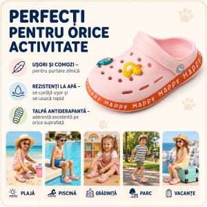 Saboți Copii Tip Crocs din Spumă cu Accesorii 3D Detașabile, Baretă Reglabilă, Talpă Antiderapantă, Roz - Img 8