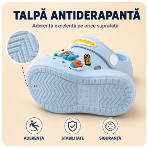 Saboți Copii Tip Crocs din Spumă cu Accesorii Detașabile și Baretă Reglabilă, Bleu - Img 5
