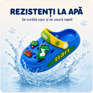 Saboți Copii Tip Crocs din Spumă cu Dino Baby 3D și Accesorii Decorative, Baretă Reglabilă, Talpă Antiderapantă, Albastru - Img 7