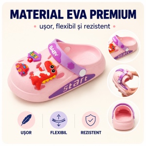 Saboți Copii Tip Crocs din Spumă cu Dino Baby 3D și Accesorii Decorative, Baretă Reglabilă, Talpă Antiderapantă, Roz - Img 4