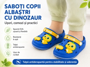 Saboți Copii Tip Crocs din Spumă cu Dinozaur 3D Galben, Baretă Reglabilă, Talpă Antiderapantă, Albastru - Img 3
