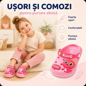 Saboți Copii Tip Crocs din Spumă cu Dinozaur 3D Roz, Baretă Reglabilă, Talpă Antiderapantă, Roz - Img 7