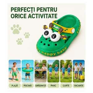 Saboți Copii Tip Crocs din Spumă cu Girafă 3D, Baretă Reglabilă, Talpă Antiderapantă, Verde - Img 9