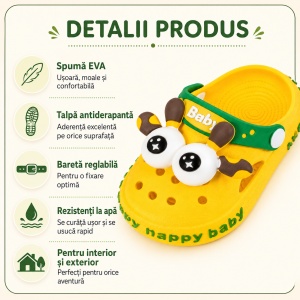 Saboți Copii Tip Crocs din Spumă cu Girafă 3D, Baretă Reglabilă, Talpă Antiderapantă, Galben - Img 2