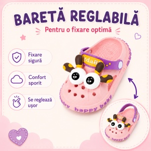 Saboți Copii Tip Crocs din Spumă cu Girafă 3D, Baretă Reglabilă, Talpă Antiderapantă, Roz - Img 3