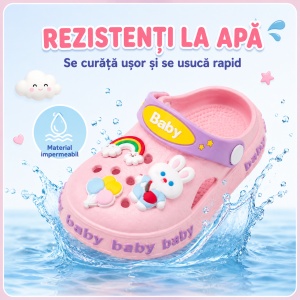 Saboți Copii Tip Crocs din Spumă cu Iepuraș 3D și Curcubeu Decorativ, Baretă Reglabilă, Talpă Antiderapantă, Roz - Img 6