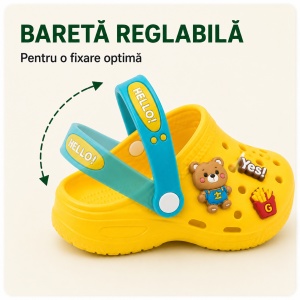 Saboți Copii Tip Crocs din Spumă cu Ursuleț 3D și Accesorii Decorative, Baretă Reglabilă, Talpă Antiderapantă, Galben - Img 3