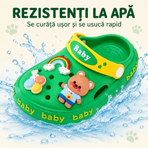Saboți Copii Tip Crocs din Spumă cu Ursuleț 3D și Curcubeu Decorativ, Baretă Reglabilă, Talpă Antiderapantă, Verde - Img 6