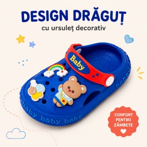 Saboți Copii Tip Crocs din Spumă cu Ursuleț 3D și Curcubeu Decorativ, Baretă Reglabilă, Talpă Antiderapantă, Albastru - Img 8