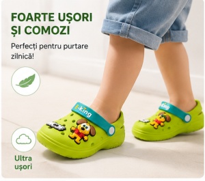Saboți Copii Tip Crocs din Spumă EVA cu Cățeluș 3D, Baretă Reglabilă, Talpă Antiderapantă, Verde - Img 2