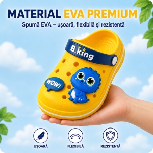 Saboți Copii Tip Crocs din Spumă EVA cu Dinozaur 3D Albastru, Baretă Reglabilă, Talpă Antiderapantă, Galben - Img 4