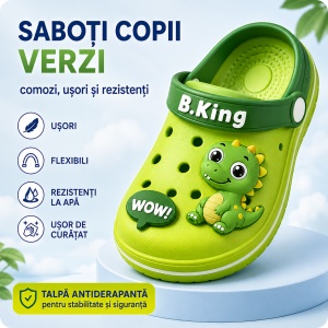 Saboți Copii Tip Crocs din Spumă EVA cu Dinozaur 3D Verde, Baretă Reglabilă, Talpă Antiderapantă, Verde - Img 2
